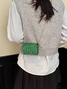 Lipstick Coin Purse, Personalized Stone/Crocodile Pattern Crossbody Bag, Metal Chain Shoulder Mini Bag - Green - View 3