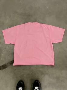 Tween Girl Cotten Clothes,Y2K-Inspired Letter Print T-Shirt - Casual Crew Neck, Short Sleeve, Machine Washable - Perfect For Spring/Summer/Fall,Fashion, Streetwear, Unisex, Men, Women - 玫紅色 - 查看 3
