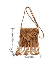 1pc Minimalist Vacation Style Fashion Straw Tassel Shoulder Bag, Chic Small Casual Lightweight Crossbody Bag, Versatile Beach Bag & Daily Commute Tote For Women, Made Of Polyester - Khaki - View 10