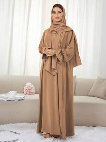 1pc Soft Dress With Attached Hijab, Floral Sleeve Design, Classic Versatile Abaya Spring - Multicolor - View 48