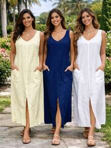 Women's Long Straight Linen Dress With Pockets - 深藍色 - 查看 2