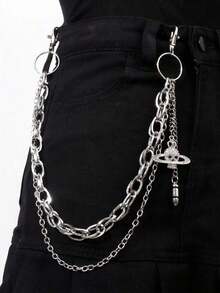 1pc Fashion Punk Style Vintage Studded Planet Skull Bullet Decor Pants Chain, Versatile Accessory Suitable Men, Party, Halloween - 星球骷髏雙層褲鏈 - 查看 7