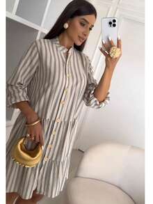 Midi Flared Shirt Dress With Mandarin Collar, High Button-Down Shirt, Linen Beach Cover-Up With Long Sleeves, Ruffled Trim, And Striped Design. - Grey - View 1