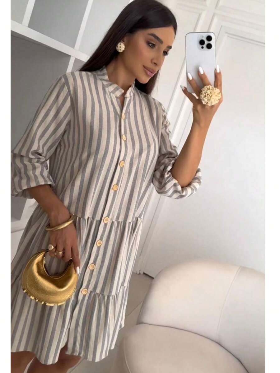 Midi Flared Shirt Dress With Mandarin Collar, High Button-Down Shirt, Linen Beach Cover-Up With Long Sleeves, Ruffled Trim, And Striped Design. - Grey - View 1