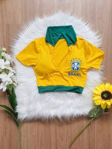 Cropped Top With Collar, World Cup Brazil Design, In Supplex Fabric With Padding. - Vàng và Xanh lá - Xem 5