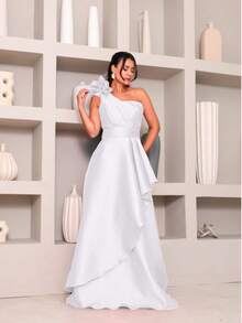 Long Dress With Flower For Graduation, Party, Wedding, Evening. - Blanco - Ver 1