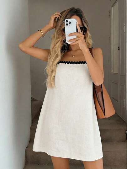 Vestido corto blanco minimalista y de estilo casual de vacaciones con tirantes finos para mujer Vuslat, adecuado para salidas de primavera, vacaciones en la playa, vacaciones de verano, trayectos al trabajo, disfraces de carnaval, vestidos de playa y atuendos festivos