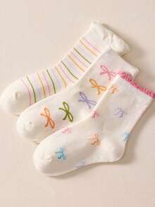 3 Pairs Butterfly & Striped Pattern Kids Cute Pink Sweet Princess Style Mid-Calf Socks, Floral Ruffle Trim Ankle Socks, Comfortable Soft Socks, Suitable For Daily Wear, All Seasons, Random Colors - Multicolor - View 15