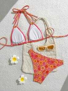 复古印花三角比基尼套装，经典挂脖设计，活力假期 - 彩色 - 查看 2