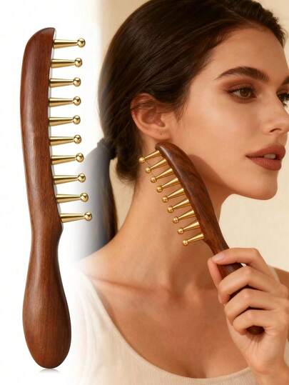 Kam met brede tanden, messing hoofdmassageborstel met lange steel en grote ronde tanden, geschikt voor het stylen van krullend en steil haar, massagetool voor het hele lichaam, kam, haarstylingtool, haarstylingproducten en -accessoires, haar en schoonheid, reisbenodigdheden, schoolbenodigdheden, vakantiebenodigdheden, haaraccessoire voor dames.