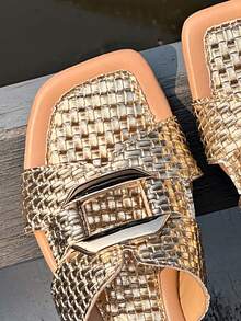 夏季新款方头金色编织金属扣单带凉鞋，欧美风方头平底凉鞋，女士款 - 金色 - 查看 3