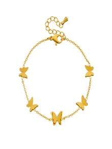 1Pc Fashion Minimalist Versatile 3D Butterfly Gold Plated Stainless Steel Chain Bracelet - Gold - View 5