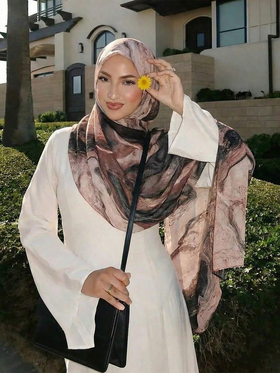 1条女士休闲围巾，波西米亚风大理石纹/扎染印花头巾，适合日常搭配长袍