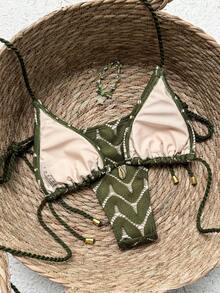 2026新款女士时尚别致流苏吊带露背泳衣套装，配金属吊坠，适合海滩、度假村、春夏秋三季度假。 - 綠色 - 查看 2