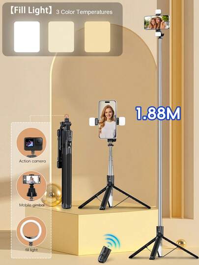 1.8米蓝牙无线自拍杆三脚架，带LED补光灯，360°旋转不锈钢便携式手机支架，轻巧便携，兼容 16/15/14/13/12/11/Max/Pro/Xs/Xr/X/Plus、Galaxy S25/S24/S23/S22 Ultra以及安卓智能手机，适合旅行/自拍，是妇女节、生日、周年纪念日、派对等场合的理想礼物。