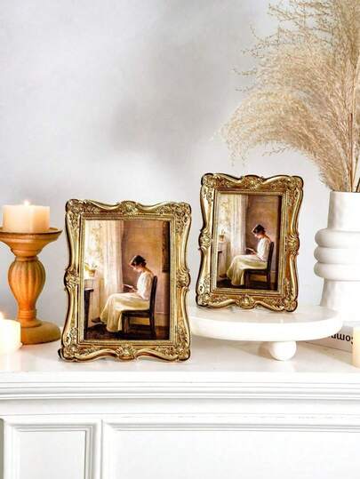 1pc Vintage Baroque Style Resin Embossed Photo Frame, Retro Gold Color Home Decor. Suitable For Displaying Photos On Desk, Can Be Placed Horizontally Or Vertically. Great Gift For Bedroom, Study, Office, Birthday, Graduation, Wedding Memento