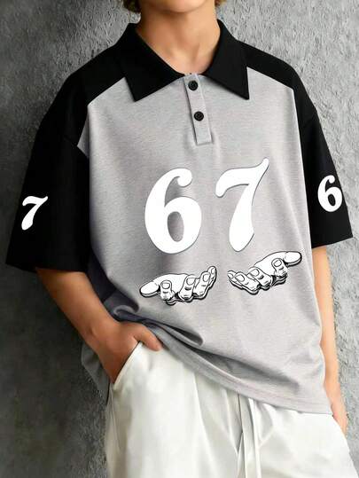 Camiseta polo de manga corta con gráfico "67" pintado a mano de estilo minimalista casual para adolescentes varones, adecuada para uso en verano