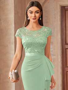 MIUSOL Đầm ôm sát thanh lịch với ren tương phản và đính sequin, viền bèo nhún, vạt áo quấn, kiểu dáng bán trang trọng dành cho nữ, thích hợp cho tiệc cocktail, kỳ nghỉ, lễ tốt nghiệp, tiệc tối mùa hè. - Màu xanh Bạc hà - Xem 9