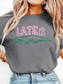 Women's Funny Later Gator T-Shirt - Sarcastic "Later" Crocodile Graphic Tee In White & Pink - Lightweight Everyday Shirt For Women - Machine Washable Casual Top, Allseason Apparel, Playful Graphic Shirt, Comfortable Fit ShirtBreathable All-Season Round Neck Printed T-Shirt - 灰色 - 查看 8
