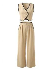 Conjunto de 2 piezas con tirantes de contraste tejido para mujer, top sin mangas de cuello en V y pantalones anchos de pierna casual con bolsillo con cremallera, traje deportivo de moda para primavera/verano - Albaricoque - Ver 2