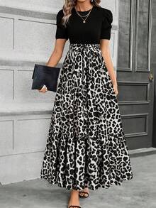 Keke Bloomly Women's Elegant A-Line Dress With Puff Sleeve Design, Bow Decoration, Round Neck Vacation Summer - Apricot - View 2