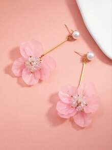 1 Pair Elegant Pink Flower & Faux Pearl Earrings, Fashionable Earrings With High-End Vibe, Suitable For Vacation - Baby Pink - View 2