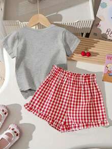 2pcs/Set Girls Cute Top And Shorts Set, Sweet Strawberry Print Shorts Set, Soft T-Shirt And Red Plaid Shorts (Random Cut) Set, Suitable For Spring And Summer Daily Wear - Grey - View 3