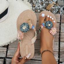 Women's Floral Thong Sandals, Thick Sole Summer Holiday Casual Slippers, Woven Beach Flip Flops - Navy Blue - View 10