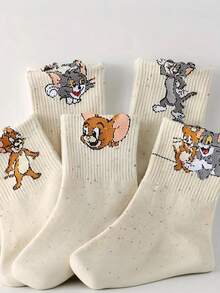 5 Pairs Women's Socks - Warner Bros Cartoon Cat & Mouse Animal Pattern, Made Of Polka Dot Mesh Fabric, Breathable & Moisture-Wicking, Suitable For Couples, Autumn/Winter, Everyday Wear - Multicolor - View 7