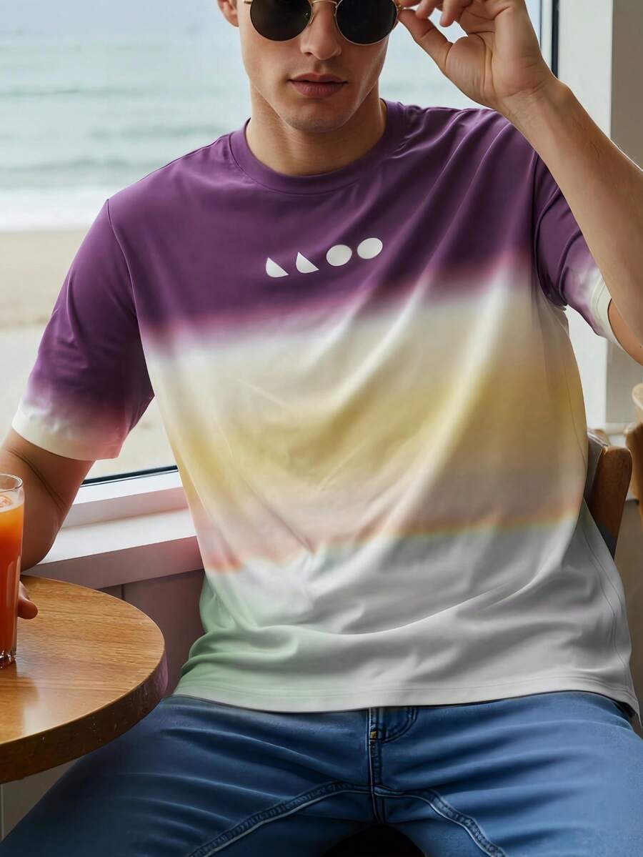 Camiseta de manga corta con estilo de vacaciones en degradado, nueva blusa de cuello redondo minimalista y versátil para el verano, adecuada para el transporte diario, vacaciones casuales, atuendo - Morado - Ver 1