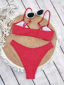 紅白色格紋可調節細肩帶兩件式比基尼套裝，性感優雅女款夏季休閒海灘度假泳池派對時尚泳衣 - 彩色 - 查看 2