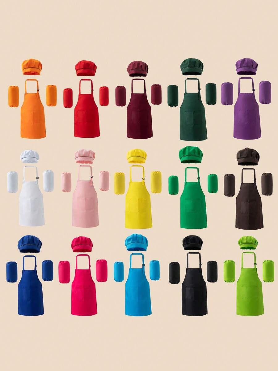 1 Set Kids Chef Hat, Apron And Sleeve Covers 3pcs Set, Adjustable Neck Strap, Suitable For Ages 3-14, For Cooking, Baking, Painting, Training - 3-piece Set Of Hat, Apron, and Sleeves - View 1