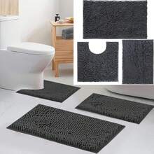 3 件套浴室垫套装，柔软吸水的雪尼尔浴室垫套装，带 U 型轮廓马桶垫，吸水超细纤维毛绒浴室垫，防滑浴室垫，可机洗毛茸茸浴室地垫，适用于家庭浴室和淋浴房装饰，防滑浴室垫，返校秋季装饰浴室厨房装饰 - 深灰色 - 查看 10
