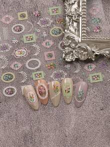2pcs Vintage Floral Frame Nail Stickers, Delicate Summer Flower Nail Art Stickers, Music Festival Makeup Style, Dopamine Print 5D Self-Adhesive Nail Design, Suitable For Acrylic Nails, Women & Girls Manicure, Holiday Gift, DIY, Y2K - Multicolor - View 3