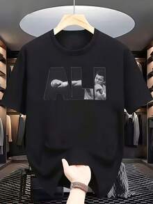 Men's Casual T-shirt,Summer New Arrival Ali Boxing Pattern Black Cotton Short Sleeve T-shirt - Negro - Ver 1