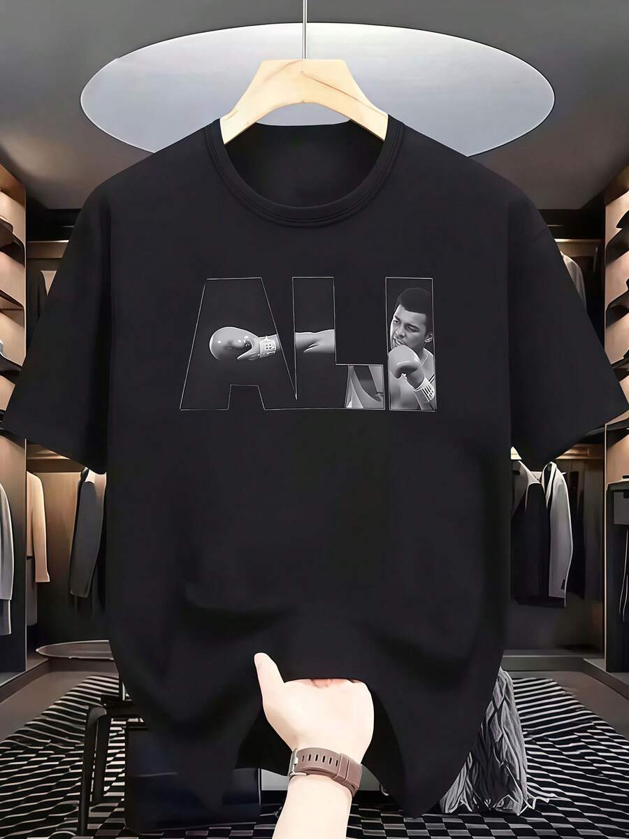 Men's Casual T-shirt,Summer New Arrival Ali Boxing Pattern Black Cotton Short Sleeve T-shirt - Negro - Ver 1