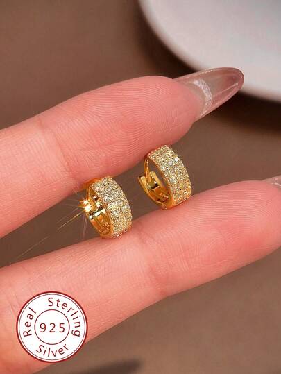 1 Pair S925 Sterling Silver Rhinestone Stud Earrings, Minimalist & Casual Design, Women's Earrings, High-End Jewelry Gift, Suitable For Daily Wear