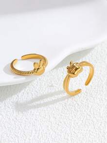 Set 2 buah cincin stainless steel berlapis emas 18K dengan desain apel dan kelinci yang lucu, cocok untuk dipakai wanita atau sebagai hadiah. - Yellow Gold - View 3