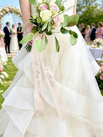 Personalized Wedding Floral Garland With Satin Ribbon - Customized Name And Date Floral Wall Hanging Suitable For Bridal Shower, Birthday, Graduation Ceremony - Durable Polyester Fiber Event Decor, Elegant Design, Wedding Guest Gift, Celebration Accessory, Sophisticated Style, High-Quality Handmade