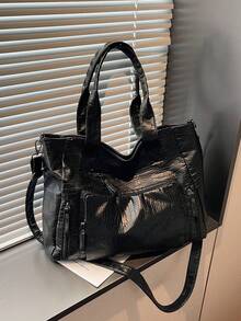 2026 Frühjahr/Sommer Neue schwarze weiche PU-Leder Damen Shopper Tasche, passt 16-Zoll Laptop, A4 Akten, Krokodilleder-Textur, Multi-Fach-Design, Reißverschluss-Verschluss, Großes Fassungsvermögen, vielseitig für Pendeln, Schule, Reisen, Einkaufen, Dates, Schulter- und Umhängegurt enthalten - Schwarz - Übersicht 6
