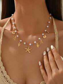 1 chiếc vòng cổ mặt dây chuyền thời trang nữ, phong cách retro bohemian chủ đề đại dương, nghỉ lễ với thiết kế nhiều mặt dây chuyền hình sao biển, vỏ sò, ốc xà cừ, rùa, vòng cổ choker đa năng, quà tặng dự tiệc, ngày lễ, phụ kiện đa dụng - Vàng - Xem 2