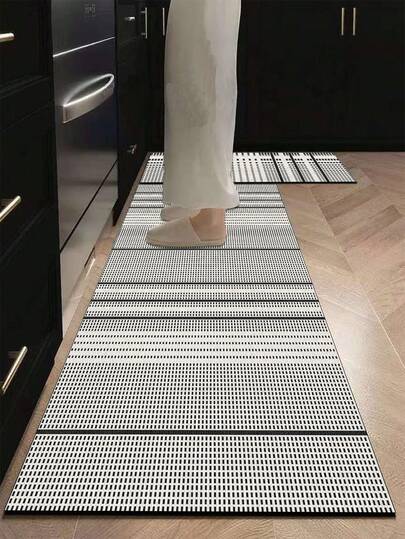 1pc Silica Gel Kitchen Mat, Beige Base With Dense Black Grid Lines And Thick Black Dividing Lines, Presenting A Modern Geometric Pattern. Luxurious And Fashionable Kitchen Mat, Cushioning And Anti-Fatigue, Surface Fabric Material, Middle Sponge Absorbent Material, Bottom Rubber Material, Easy To Clean, Approximately 3.5mm Thick, Can Be Cut To Any Size.