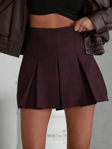 Women's Elegant Brown High Waist Pleated Mini Skirt - Casual Summer Fall Party & Business Outfit Spring - Coffee Brown - View 3
