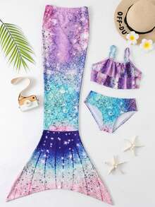 Children Girls Tankini Swimsuit 3 Piece Mermaid Bathing Suit Kids Ruffle Top With Shorts Fish Tail Bikini Set Swimwear 1-14Y - H - 查看 3