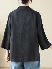 Women's Tailored Jacket, 3/4 Sleeve, Linen Blend, Lightweight, Spring And Summer Outerwear, Casual Jacket, 3/4 Sleeve Outerwear, Perfect For Work Or Casual Wear - đen - Xem 4
