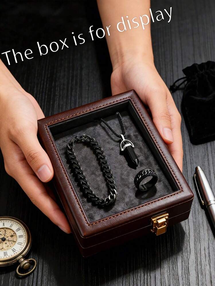 一套四件男士时尚配饰套装，包括多功能时尚手表、黑色链条手链、独特戒指和吊坠项链。整体风格粗犷时尚，舒适耐用，适合日常出行、商务场合等。是送给男友或兄弟的贴心礼物，也是生日、节日、圣诞节等的理想之选。日常佩戴更能凸显男士的时尚魅力。不含展示盒。 - 黑色 - 查看 15