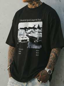 Camiseta de manga corta de cuello redondo para hombre de verano y estilo casual con el eslogan "Libera la velocidad, conquista la pista" de FRACTYR - Negro - Ver 2