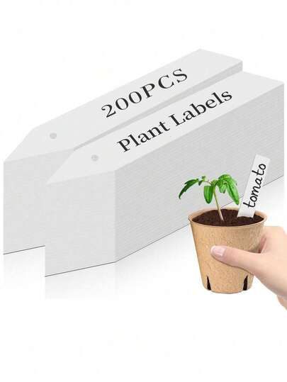 200个4英寸塑料植物标签，带记号笔，防水户外种子蔬菜园标签标记（白色）