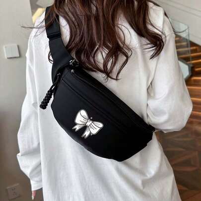 Girl's Bowknot Crossbody Chest With Adjustable Strap & Zipper Closure -Belted Knot Pattern Crossbody Purse, Travel Accessory, Stylish Accessory, Small Handbag, Girl's Fashion, Back To School Supplie Essentials Office Supplies