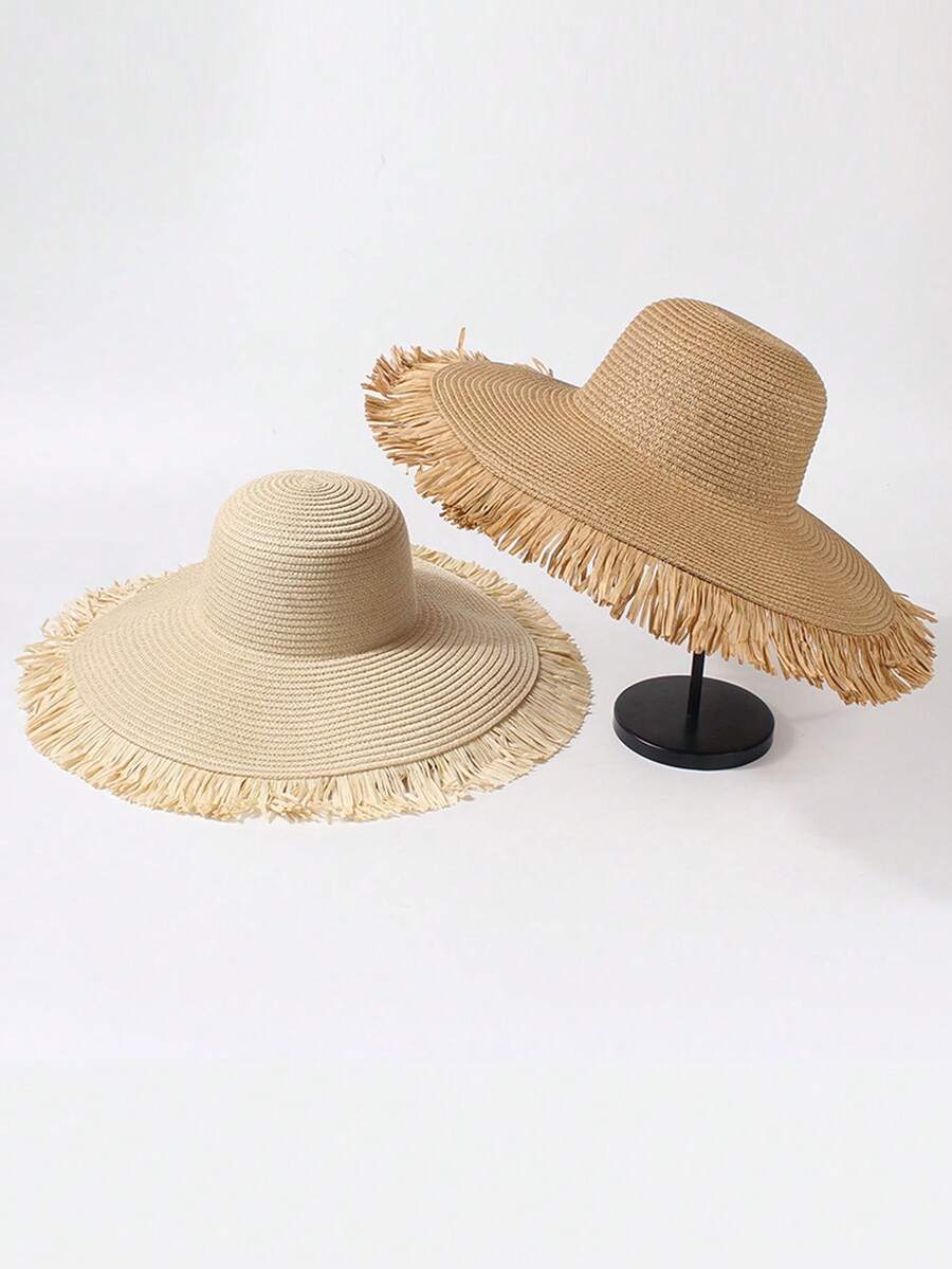 女士夏季草帽，韩式宽檐钩编帽，沙滩旅行防晒帽，可折叠时尚百搭遮阳帽 - 草帽 - 查看 1